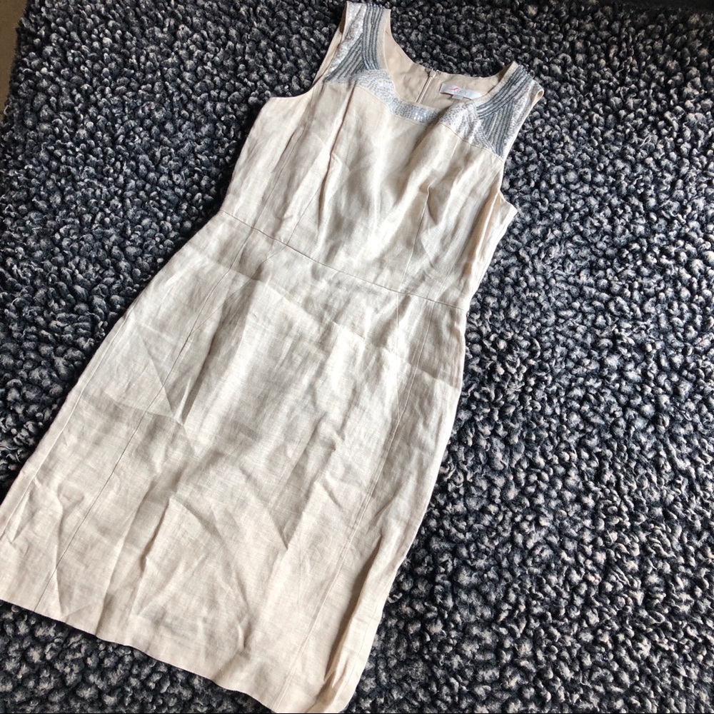 Loft nude color linen shift dress beaded sequins 8